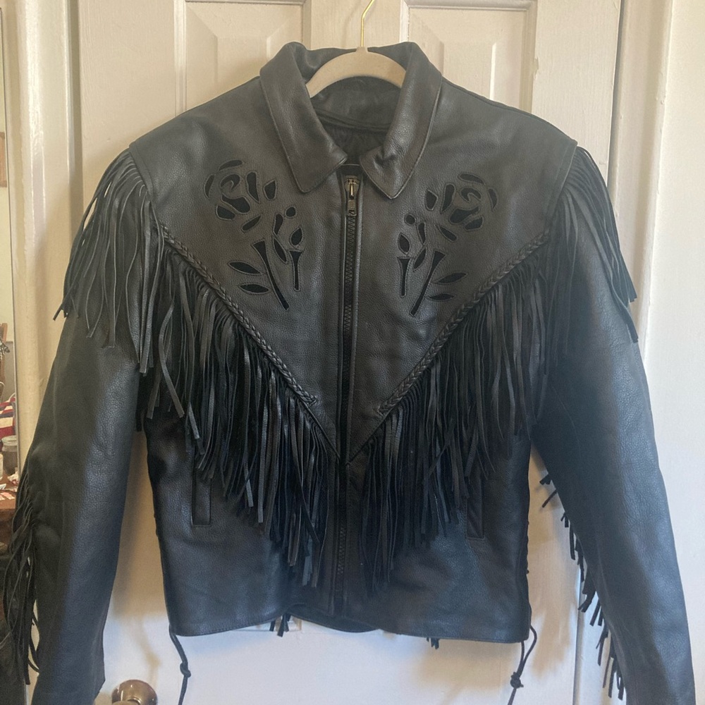 Vintage Unik Black Leather Jacket Size L Biker Western Cowgirl Fringe Flowers